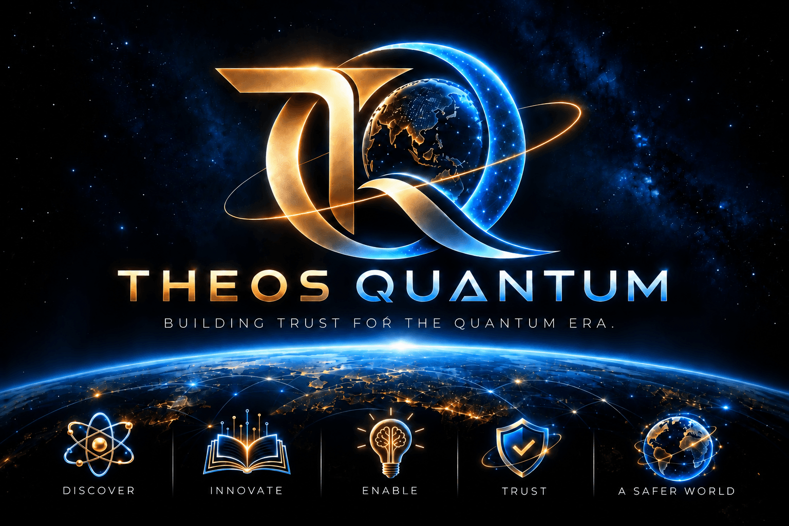 Theos Quantum. Building trust for the quantum era. Discover, innovate, enable, trust, a safer world.